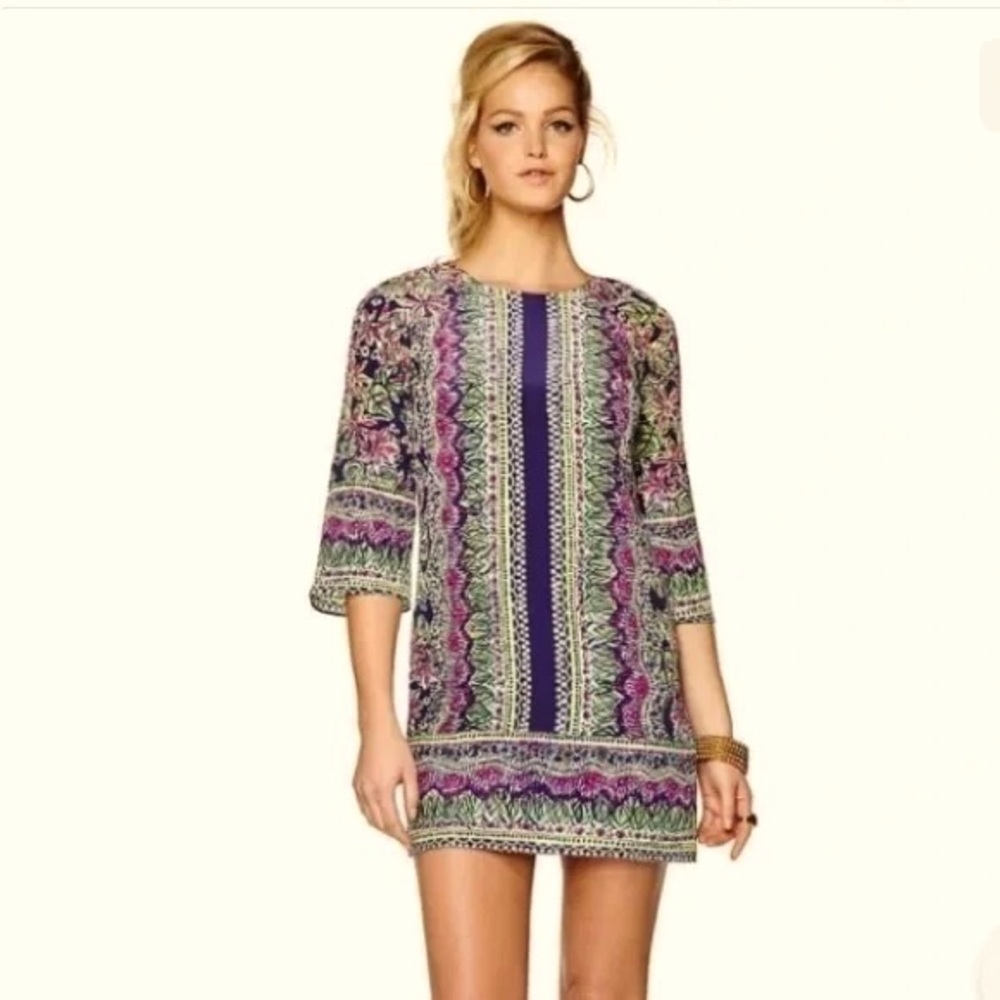 Lilly Pulitzer Rylee 3/4 Sleeve Not Too Catty Silk Shift Dress Size 4